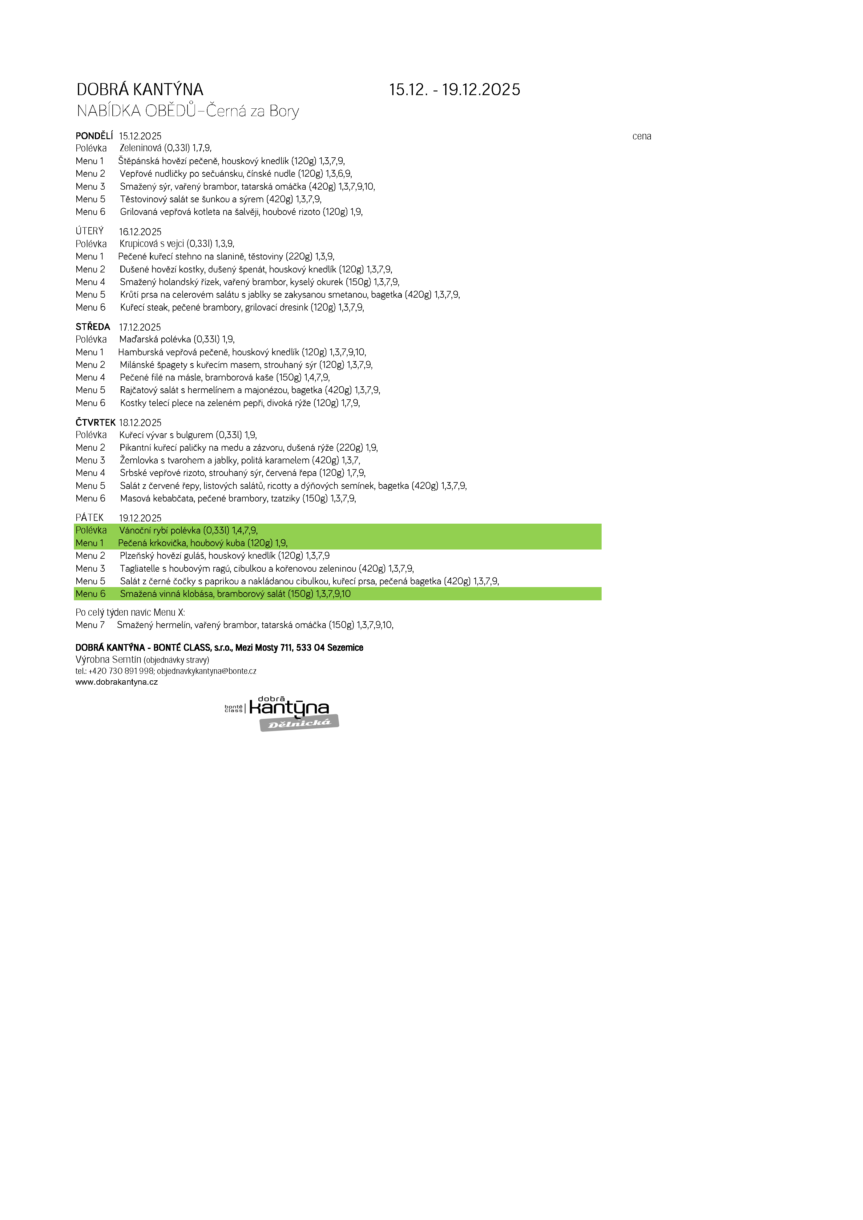 Aktuální menu Černá za Bory
