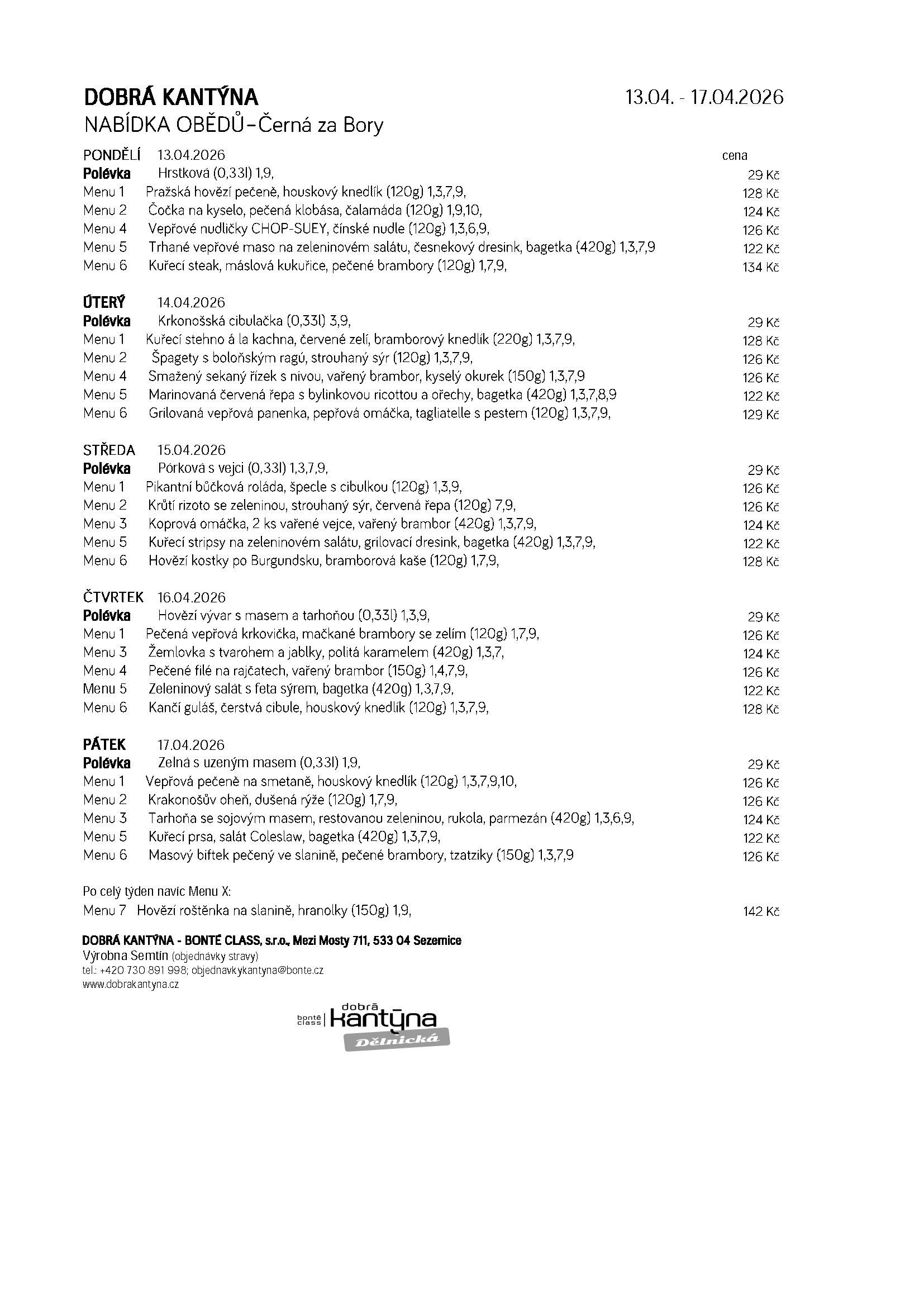 Aktuální menu Černá za Bory