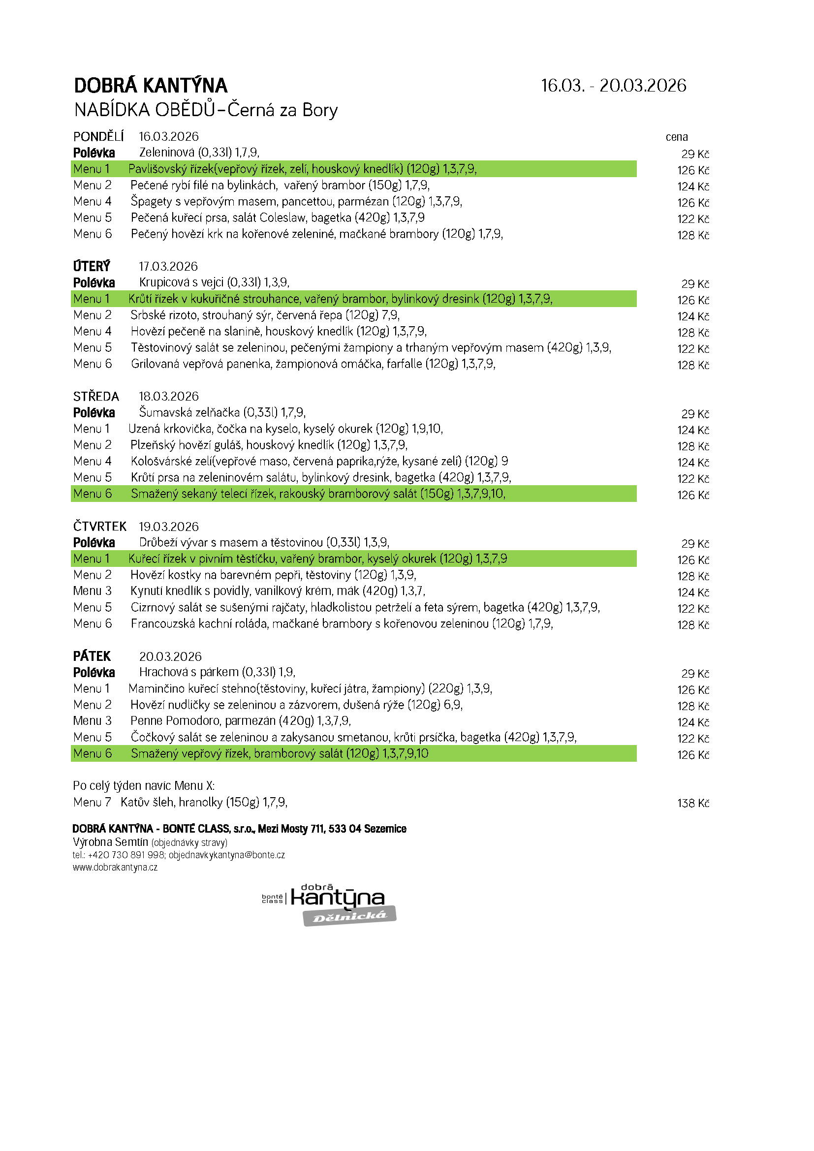 Aktuální menu Černá za Bory
