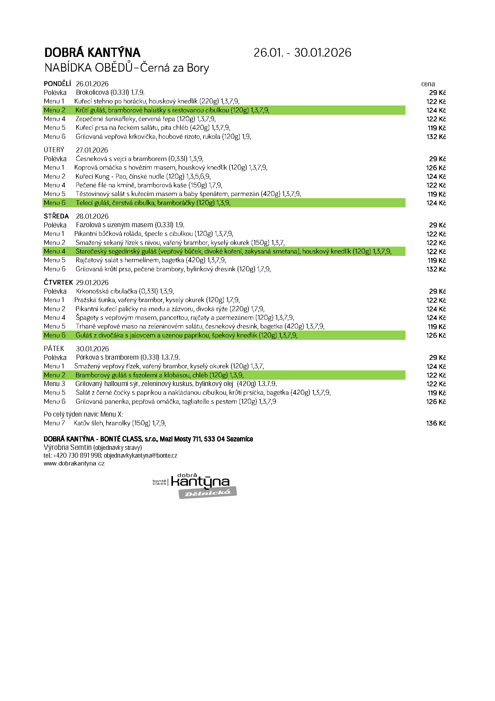 Aktuální menu Černá za Bory