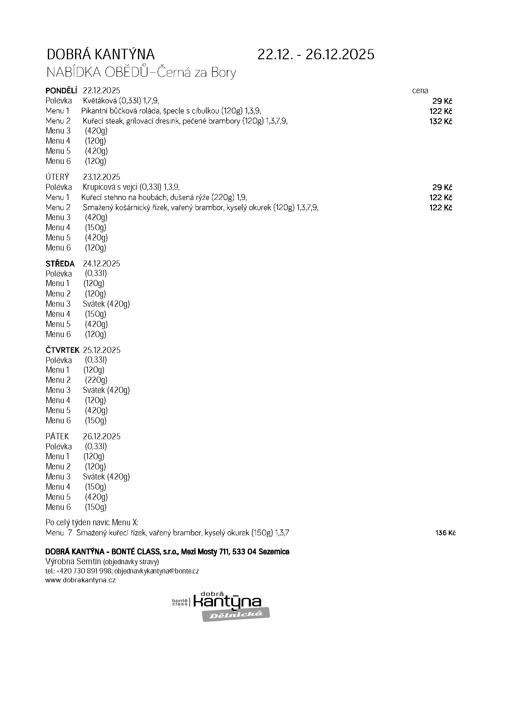 Aktuální menu Černá za Bory